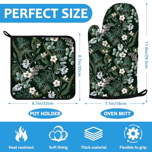 Botanical Print FloralOven Mitts and Pot Holders Sets Heat Resistant 4Pcs Potholders Oven Gloves Hot Pads for Kitchen Baking Cooking Grilling BBQ (4 Count)