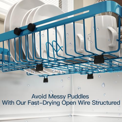 Blue Expandable Dish Drying Rack Over The Sink with Anti Slip Grip