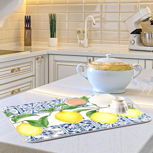 Lemon Blue Tiles Dish Drying Mat for Kitchen Counter Absorbent Microfiber Drying Pad