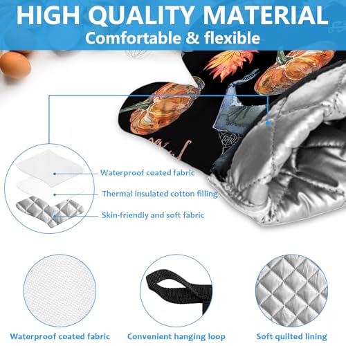 Halloween Pumpkin Autumn Maple Leave Oven Mitts and Pot Holders Sets Heat Resistant 4Pcs Potholders Oven Gloves Hot Pads for Kitchen Baking Cooking Grilling BBQ (4 Count)