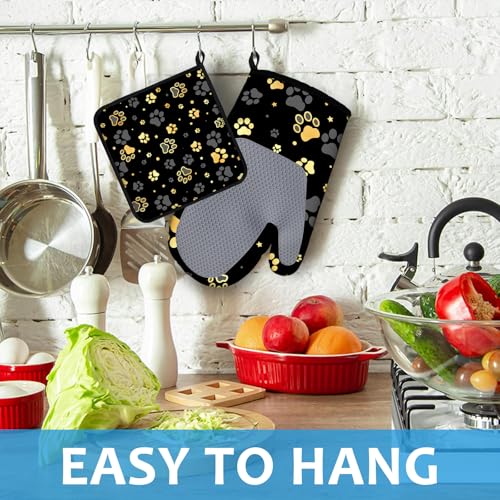 Gold Dog Paw Print Oven Mitts and Pot Holders Sets Heat Resistant 4Pcs Potholders Oven Gloves Hot Pads for Kitchen Baking Cooking Grilling BBQ (4 Count)
