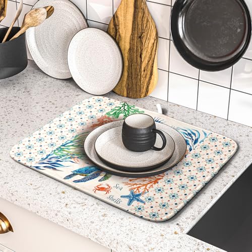 Nautical Coastal Dish Drying Mat Sea Turtle Seahorse Dish Drainer Pad 16"x18" Microfiber Reversible Fast Dry Pad for Kitchen Counter Decor