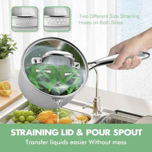 3.0 Quart Stainless Steel Pot Saucepan with Glass Strainer Lid