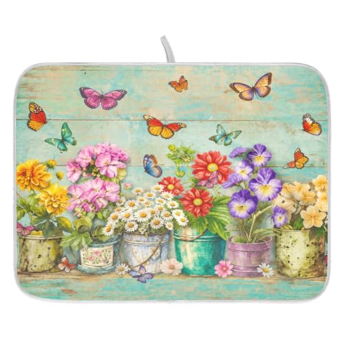 Spring Floral Butterfly Rustic Dish Drying Mat for Kitchen Counter Absorbent Microfiber Small Drying Pad Dish mats for Kitchen Countertops 16 x 18 Inch
