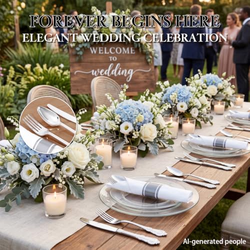 400PCS Pre Rolled Silver Plastic Silverware Sets Fancy for Wedding (400 Count)
