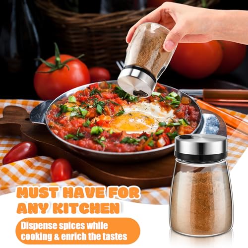 10 Pcs Salt Pepper Shakers Set with Adjustable Pour Holes Stainless Steel Spice Dispenser 6oz Clear Glass Seasoning Containers for Kitchen Restaurant Home BBQ Camping Farmhouse Accessories (10 Count)
