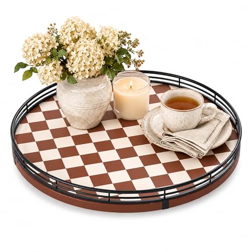 13 Inch Brown White Checkerboard Lazy Susan with Black Metal Rail