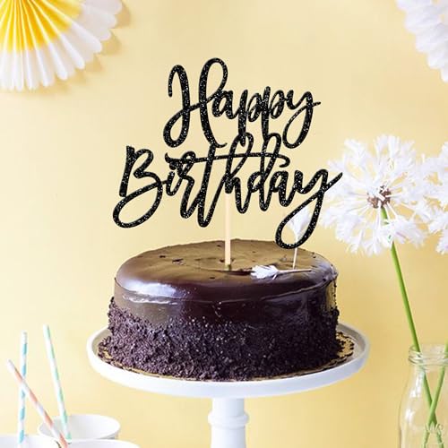 1 PCS Happy Birthday Cake Topper Glitter Happy Birthday Cake Pick for Celebrating Happy Birthday Anniversary Theme Party Cake Decorations Supplies Black