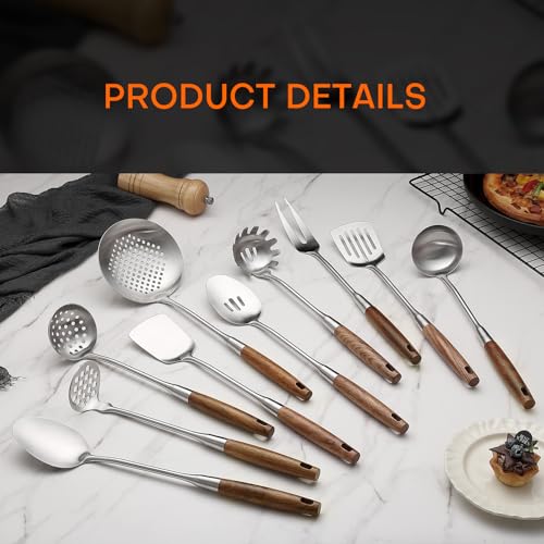 10 Pcs Cooking Utensils Set 304 Stainlss Steel Kitchen Utensils Set Heat Resistant Wooden Handle Kitchen Tools Metal Kitchen Utensil Soup Ladle Set (10 Count)
