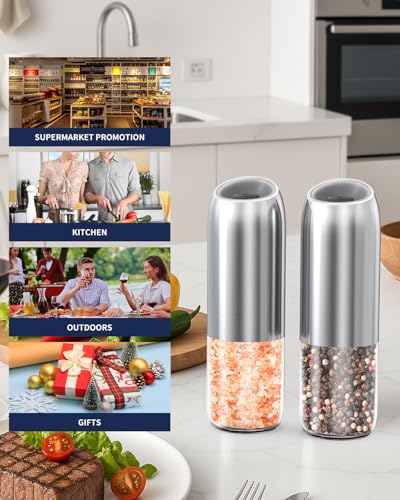 Gravity Electric Salt and Pepper Grinder Set Battery Powered Stainless Steel Pepper Mill Grinder with 176ml Container (2 Count)
