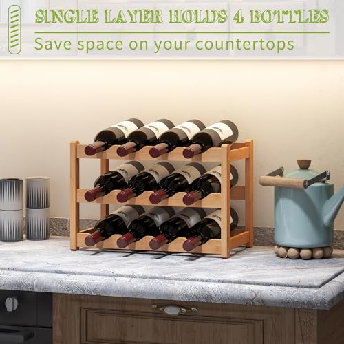 Bamboo Wine Rack Wine Storage Cabinet Shelf 12 Bottle Wine Racks Countertop Sturdy for Kitchen Dining Room Pantry