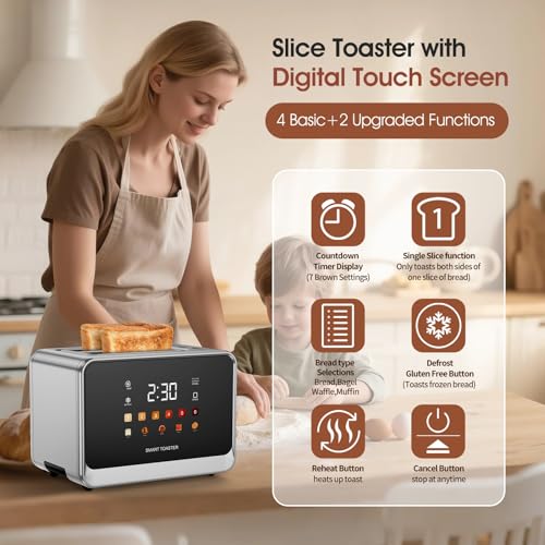 Toaster Touch Screen Toaster 2 Slice with LCD Display Stainless Steel Digital Timer Toasters 6 Bread Types& 6 Shade Settings Smart Extra Wide Slots Tostadora With Bagel Cancel