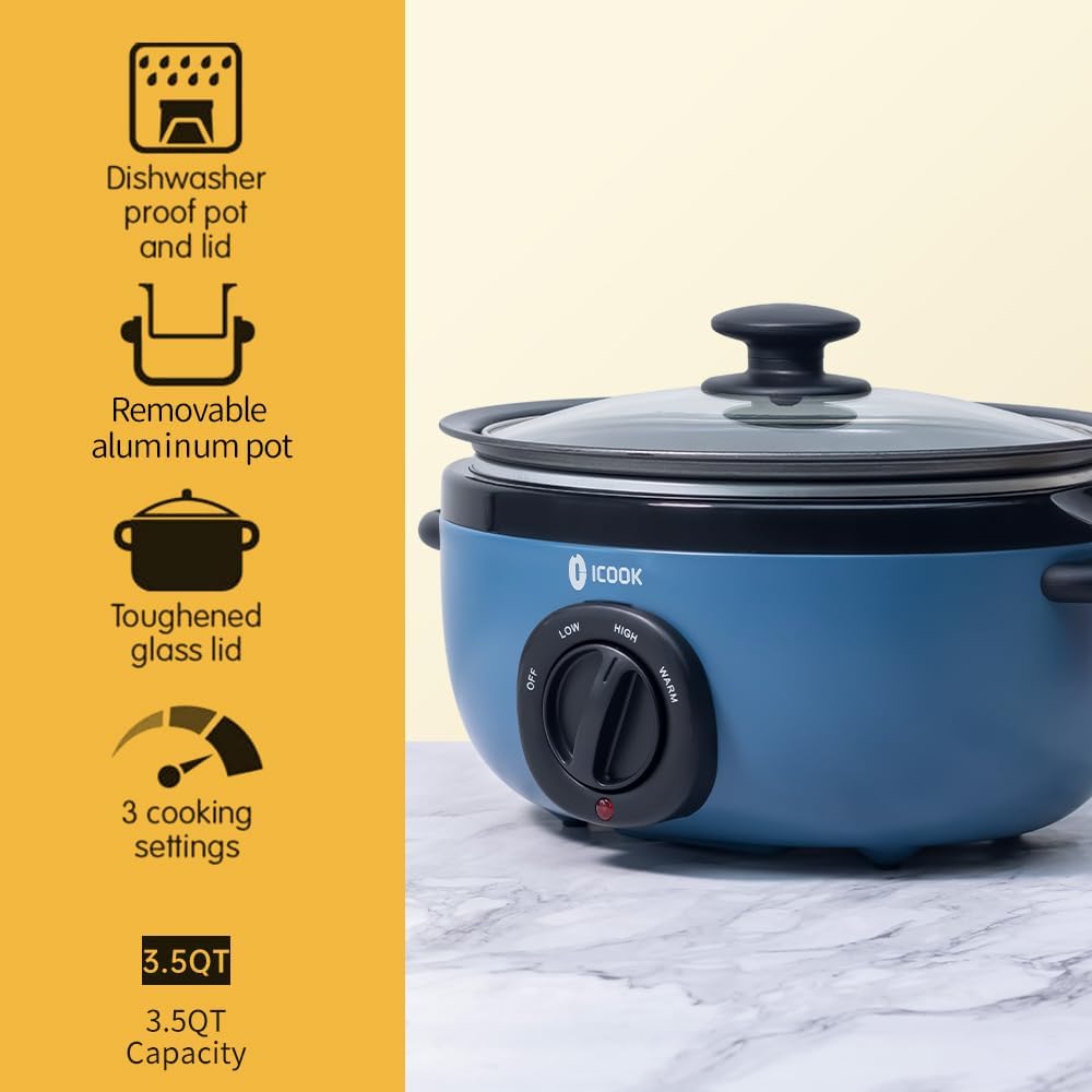 ICOOK USC-35-OP001BL 3.5 Quart Slow Cooker,Aluminium Sear/Sauté Stew Pot Stovetop safe,Dishwasher Safe,Glass Lid,Adjustable Temp,Food Warmer,Blue - Culinary Roots