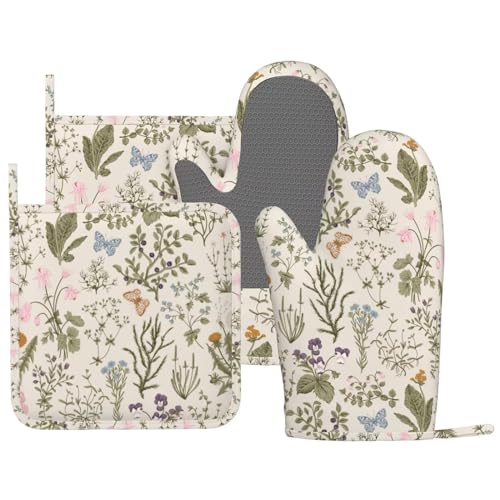 Vintage Wildflower Herbs Floral Rustic Butterfly Oven Mitts and Pot Holders Sets Silicone Kitchen Mitts Potholders Heat Resistant 4Pcs Oven Gloves Hot Pads for Kitchen Baking Cooking (4 Count)