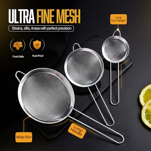 Premium Stainless Steel Fine Mesh Strainers for Kitchen 3 (3 Count)