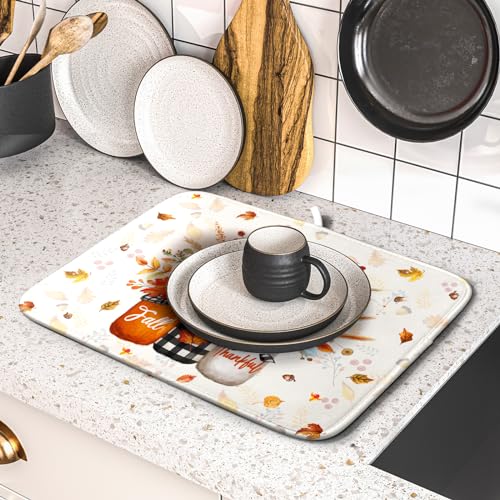 Autumn Pumpkin Dish Drying Mat 16x18 Inch Sunflower Flower Vase Washable Draining Mat with Hanging Loop Seasonal Holiday Home Decoration