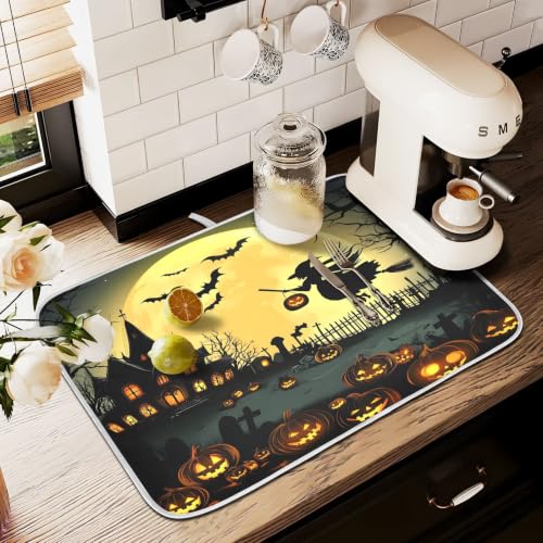 Halloween Night Pumpkins Witch Dish Drying Mat for Kitchen Counter Absorbent Microfiber Large Drying Pad Dish mats for Kitchen Countertops 18 x 24 Inch