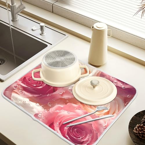 3d Pink White Roses Dish Drying Mat for Kitchen Counter Absorbent Microfiber Large Drying Pad Dish mats for Kitchen Countertops 18 x 24 Inch