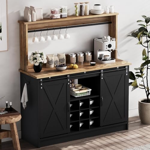 47" Coffee Bar Cabinet with Storage Hutch & Wine Rack