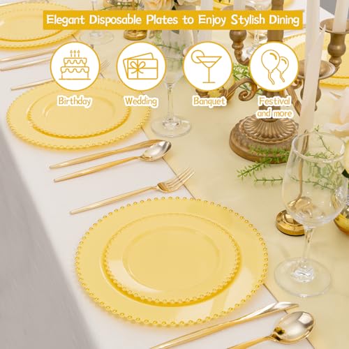 100pcs Elegant Yellow Plastic Plates with Gold Beaded for Wedding (100 Count)