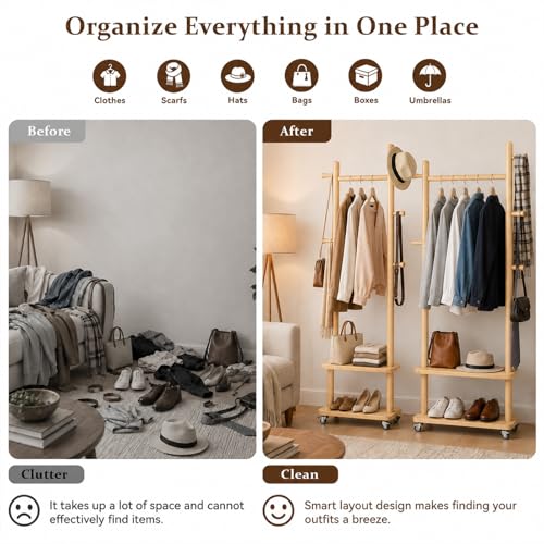 Coat Rack Freestanding Solid Wood Clothes Rack with Wheels