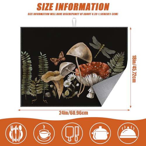 Vintage Mushroom Dish Drying Mat for Kitchen Counter Microfiber Absorbent Dish Kitchen Drying Mat Draining Reusable Washable for Dishes