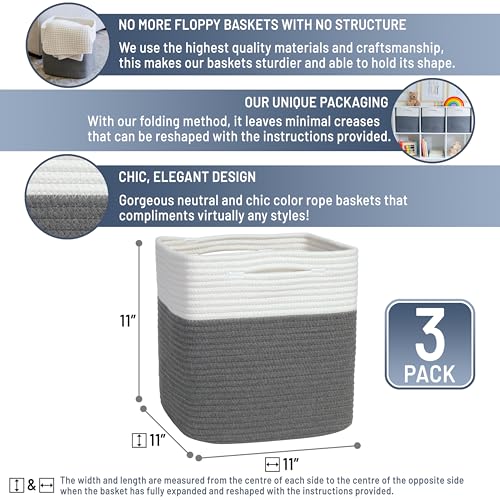 Storage Cubes 11 Inch Cotton Rope Woven Baskets for Organizing (3 Count)