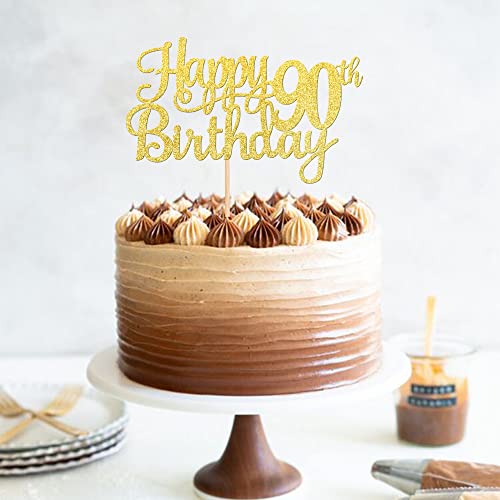 1 PCS Happy 90th Birthday Cake Topper Gold Glitter Cheers to 90 Years Birthday Cake Pick 90 Fabulous Cake Decoration for Happy 90th Birthday Theme Party Decorations Supplies