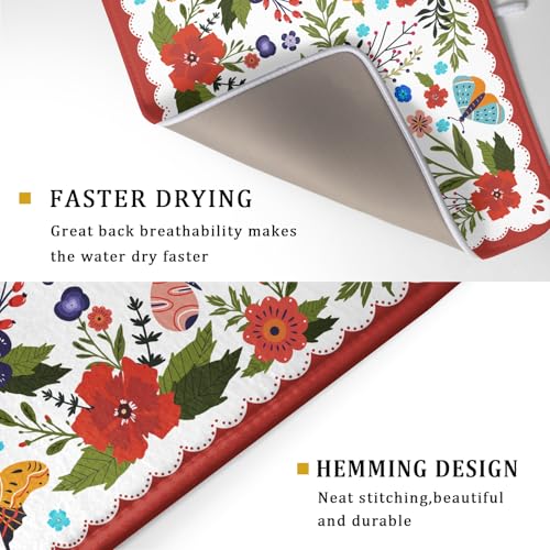 Large Microfiber Dish Drying Mat Red Floral Absorbent Drying Pad for Kitchen Counter