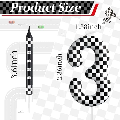 13 Pcs Racing Cars Themed Birthday Candles Black and White Race Number 3 Checkered Candle Cake Topper for Racing Car Party Decoration Supplies (13 Count)