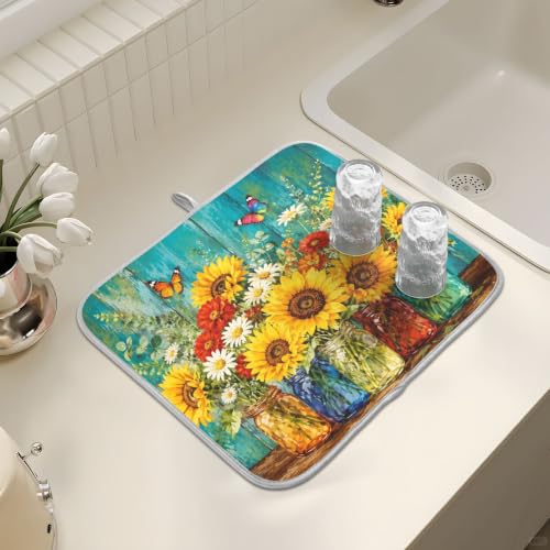 Spring Summer Floral Jar Dish Drying Mat for Kitchen Counter Absorbent Microfiber Large Drying Pad Dish mats for Kitchen Countertops 18 x 24 Inch