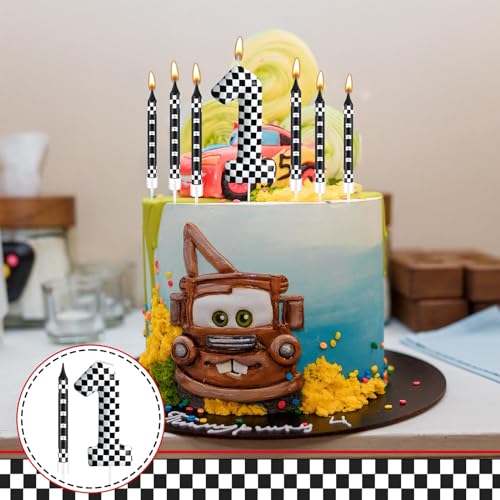 13 Pcs Racing Cars Themed Birthday Candles Black and White Race Number 1 Checkered Candle Cake Topper for Racing Car Party Decoration Supplies (13 Count)