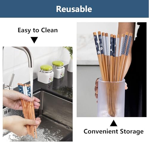 5 Pairs Bamboo Chopsticks Reusable Chop Sticks Japanese Style Bamboo Chopstick with Black Box Lightweight 8.8 Inch