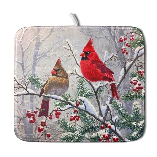 Red Bird Dish Drying Mat Merry Christmas Dishes Pad Absorbent Fast Dry Dish Drainer Mat Protector for Kitchen Counter 16 x 18 Inches