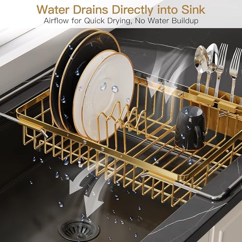 Gold Dish Drying Rack Over the Sink with Utensil Holder
