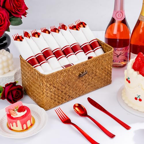 400PCS Pre Rolled Red Plastic Silverware Sets Heavy Duty for Wedding (400 Count)