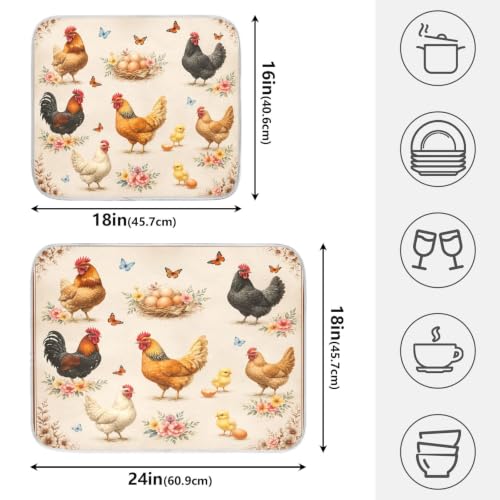Farmhouse Rooster Dish Drying Mat for Kitchen Counter Absorbent Microfiber Small Drying Pad Dish mats for Kitchen Countertops 16 x 18 Inch
