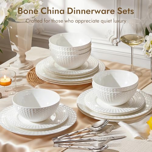 24Pc Rhombus Edge White Bone China Set