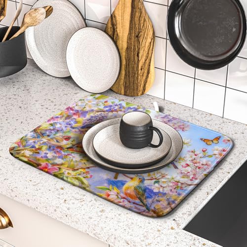 Spring Bird Dish Drying Mats for Kitchen Counter Floral Small Dish Drying Pad Season Decor
