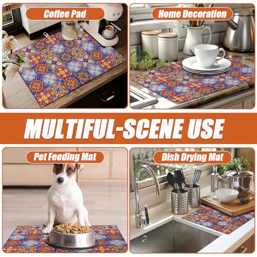 Talavera Mexican Tiles Dish Drying Mat for Kitchen Counter Microfiber Absorbent Dish Kitchen Drying Mat Draining Reusable Washable for Dishes