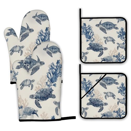 Turtle Coral Oven Mitts and Pot Holders Set (4 Count)