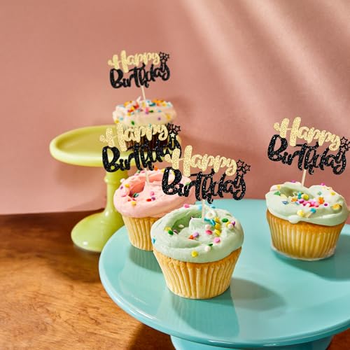 24Pcs Happy Birthday Cupcake Toppers Double Layer Glitter Happy Birthday Cake Decorations for Celebrating Baby Shower Theme Kids Boys Girls Birthday Party Cake Decorations Supplies Black Gold (24 Count)