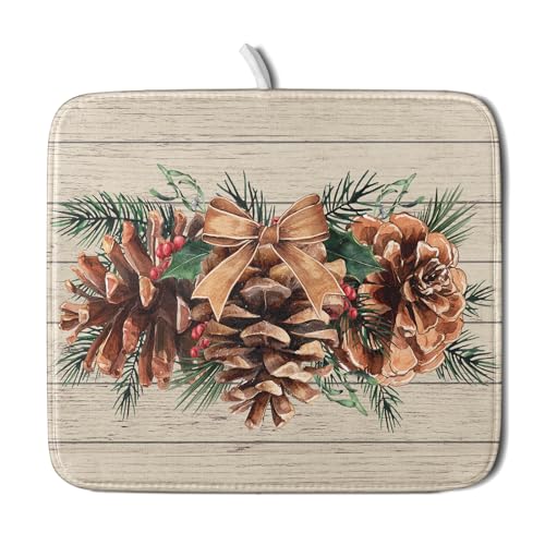 Winter Pine Cone Dish Drying Mat Holly Berries Dish Draining Mat Microfiber Washable Dish Drainer Rack Mat for Home Kitchen Counter 16"x18"