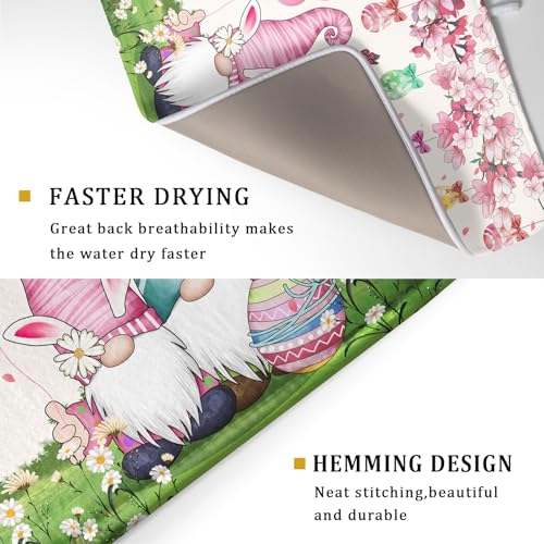 Easter Gnome Dish Drying Mat Floral Eggs Bunny Kitchen Drainer Mat 18x24 inch Absorbent Holiday Fast Dry Pad Protector for Counter Tabletop