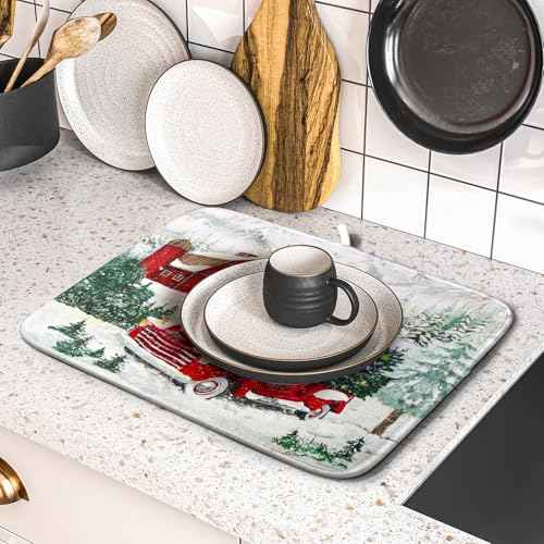 Winter Red Truck Dish Drying Mat Christmas Tree Dishes Pad 16x18 Inch Dish Drainer Rack Mats Absorbent Fast Dry Kitchen Holiday Accessories