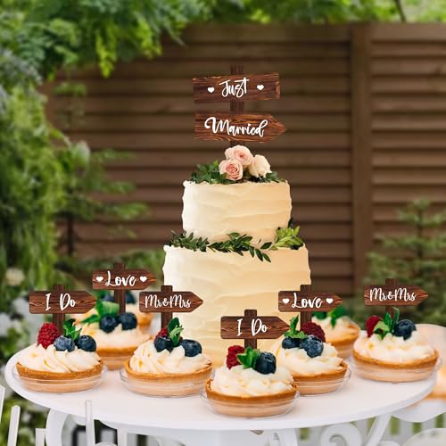 Rustic Wedding Cake Decoration Set Just Married Cake Topper & 12 PCS Wedding Cupcake Toppers in Wood