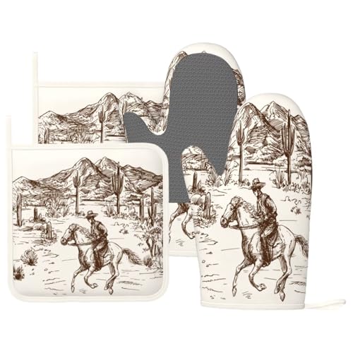 Western Cowboy Oven Mitts and Pot Holders 4 pcs Set Silicone West Cowboy Riding Horse in Desert Kitchen Oven Mitt Gloves Cowboy Pot Holders Non