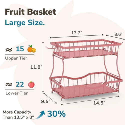 Large 2 Tier Fruit Basket for Kitchen Counter with 2 Banana Hangers (2 Count)