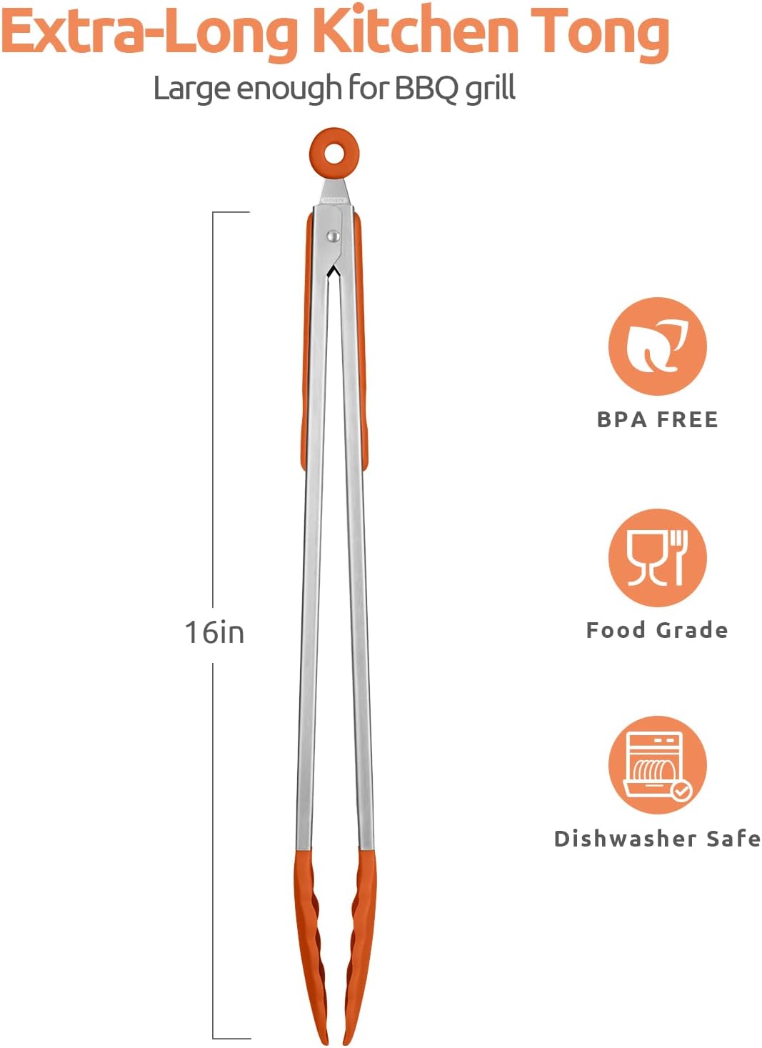 600ºF Heat Resistant Kitchen Tongs: U-Taste 16 inch Extra Long Large Silicone Cooking Tong with Sturdy Non Stick Rubber Tips & Non Slip Silicon Coated 18/8 Stainless Steel Handle for Grill BBQ(Orange) - Culinary Roots