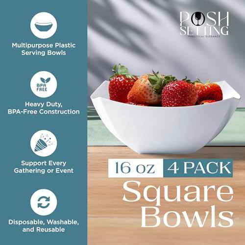 4 Pack Disposable White Plastic Serving Bowls Square Party Candy Use 16oz (4 Count)